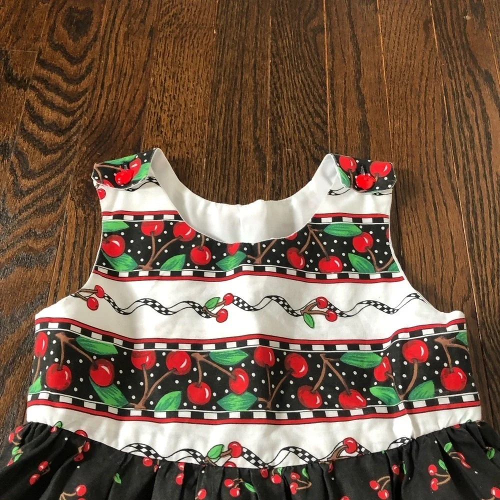 Vintage Girls 8-10 Black/Red Cherries A-Line Sleeveless Midi Dress w/Pockets
